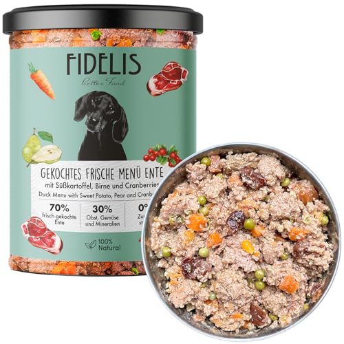 Fidelis – Gekochtes Frische-Menü für Hunde mit Ente, Süßkartoffel, Birne & Cranberries (400g Glas) – Hundefutter nass mit 70% Fleischanteil & frischen Zutaten–Nassfutter ohne Zusätze.