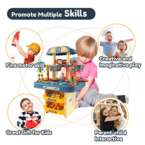 BFUNTOYS 246 PCs Kids Toddlers Toy Tool Bench Set for 2 3 4 Year Old Boys and Girls, 2 in 1 Kids Construction Toy Workbench with Building Blocks, Electric Drill, STEM Building Puzzles Work Shop Gifts