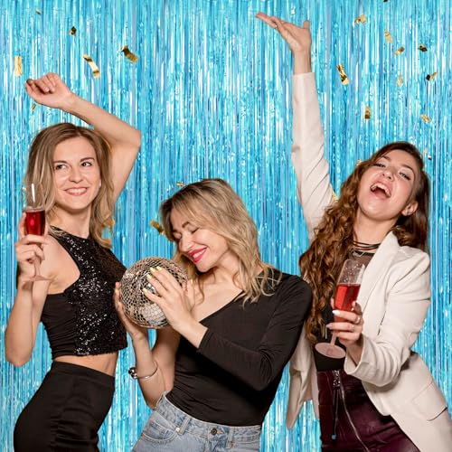 Image of Light Blue Metallic Tinsel Foil Fringe Curtains Backdrop 2Pack 3.3x8.3Ft Blue Party Streamers for Birthday Party Decorations Halloween Christmas Decors Foil Curtain Backdrop for Bachelorette Wedding
