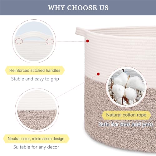 Image of Large Cotton Rope Blanket Basket, 87L Laundry Hamper, White & Brown