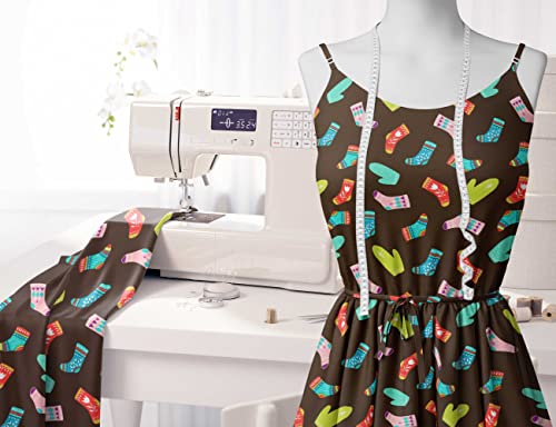 Image of Soimoi Brown Polyester Crepe Fabric Socks & Gloves Folk Art Printed Fabric 1 Meter 42 Inch Wide