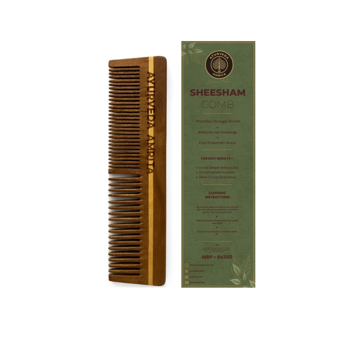Ayurveda Amrita Organic Sheesham Wood Comb | Twin Tooth Flat | Handcrafted Eco-Friendly Detangler for Hair Growth, Stimulates the Scalp | Frizz Control, suitable for all Hair Types (Pack of 1)-image-7