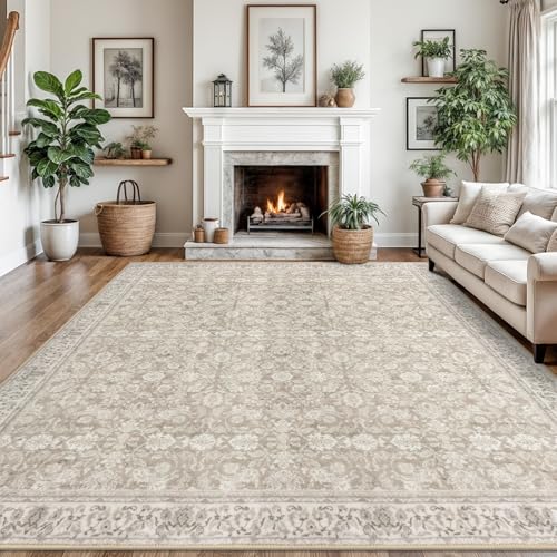 Cream Beige White Grey 9x12 Area Rug, Large Washable Rug for Living Room with Non-Slip Soft Vintage Bedroom Rugs Traditional Farmhouse Carpet for Nusery Dining Room Office Home Décor