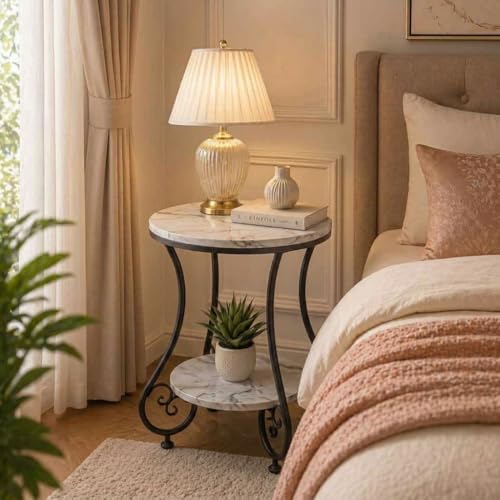 Image of CARTADEN 2 Tier End Table in Living Room, Industrial Style Round Bedside Table with Storage, Small Outdoor Coffee Table for Bedroom Balcony Patio Black White