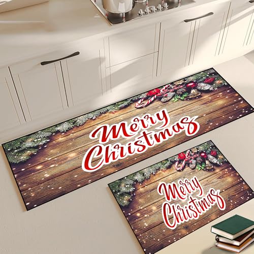 Christmas Kitchen Rugs Sets of 2,Wood Grain Merry Christmas Floor Mats Pine Bells Non-Slip Washable Xmas Area Rug Doormat Indoor Home Decor,16"x24" + 16"x47" Merry Christmas 01 16"x24" + 16"