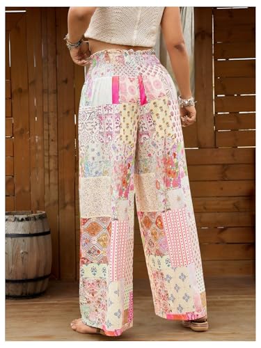 Women's Plus Size Patchwork Floral Paisley Boho Pants Smocked Colorblock High Waisted Wide Leg Trousers3