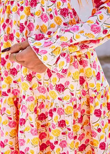 Image of KIRUNDO Long Sleeve Dress for Women 2025 Summer Fall Wedding Guest Smocked Floral Crewneck Ruffle A Line Flowy Mini Dress