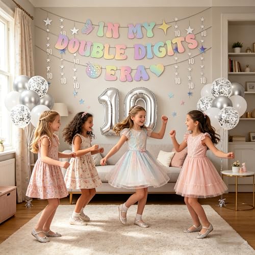 Image of 10th Birthday Decorations Silver, In My Double Digits Era Banner, Happy 10th Birthday Decorations for Girls Boys Double Digits Party Supplies Silver Number 10 Balloon Butterfly 10 Party