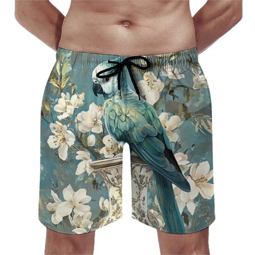 Green Parrot Animal Men's Swim Trunks Quick Dry Board Shorts Hawaiian Beach Shorts With Pocket