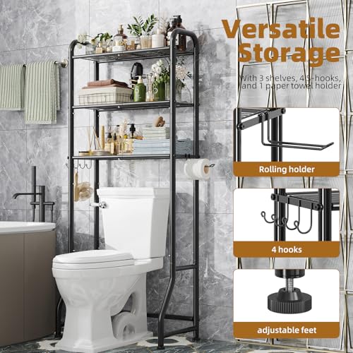 Image of Simple Trending Over The Toilet Storage Rack, Metal 3 Tier Bathroom Organizer Shelf with Paper Holder and 3 Hooks, Freestanding Shelf Space Saver Above Toilet,Black