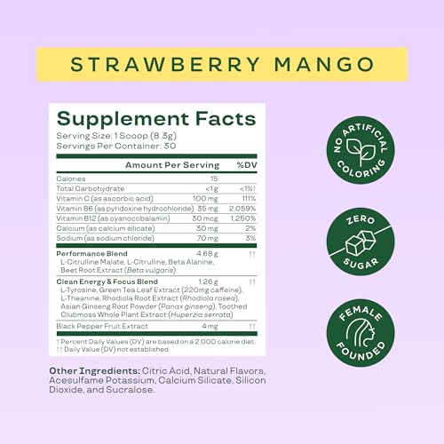 Image of Bloom Nutrition High Energy Pre Workout with Beta Alanine, Ginseng and L Tyrosine for Amino Energy, Natural Caffeine Powder from Green Tea Extract, Keto, Sugar Free Drink Mix, Strawberry Mango