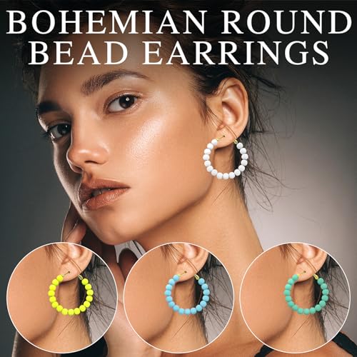 Beaded Hoop Earrings for Women Bohemian Circle Round Bead Earrings Colorful Vintage Acrylic Beads Dangle Earrings3
