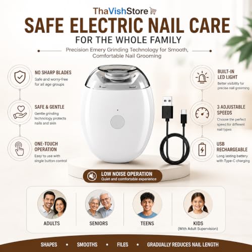 Image of Automatic Electric Nail Grinder & Trimmer with LED Light | Rechargeable Nail File, Nail Shaper & Polisher | 3 Speed Settings | Safe Nail Care for Adults, Kids & Seniors | Portable Electric Nail Grooming Kit
