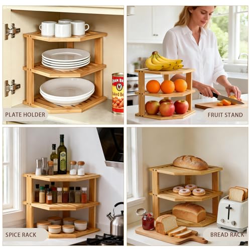 Image of Bamboo Plate Organizer Set, 3 Tier Corner Shelf & Vertical Plate Rack,2 Set