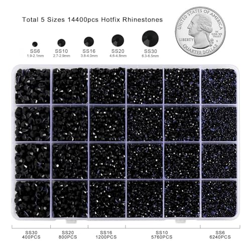 Image of Hotfix Rhinestones Kit,Black, Mixed 5 Sizes 14400pcs | Hot Fix Crystals, for Bedazzling Clothes Crafts, with Wax Pencil,Tweezers and Spoon,SS6-SS30