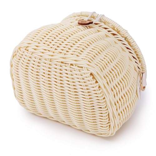 SVNR Fahrradkorb für Kinder Fahrradkorb Vorne, Fahrrad Korb Roller Dreiradkorb, handgewebter Rucksack mit Deckel Schultergurt, Rattankorb, Vorderlenkerkorb, Beige