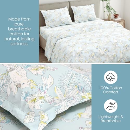 Image of Haus & kinder Double Bedsheet for Queen Size Bed | 90 x 100 Inches 144 TC Cotton Bedsheet for Double Bed with 2 Pillow Covers - Tropical Bird