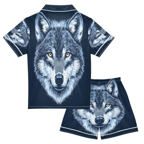 ALAZA Cute Wolf Animal Head Satin Pajamas Set Short Sleeve Button Down Sleepwear Summer Pjs 2 Piece2
