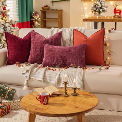 Image of decorUhome Soft Chenille Throw Pillow Covers 16x16 Set of 2 Wine Red