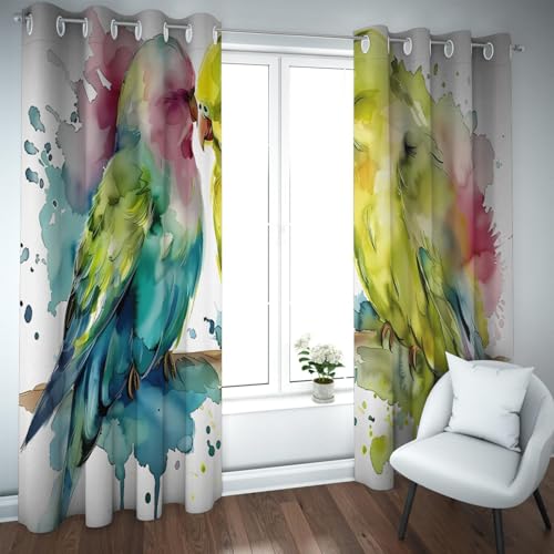 PARREN Tinta Blooming Art Cortinas Opacas para el Dormitorio Dos Loros Habitación con Aislamiento térmico Cortinas Ventana oscurecedoras para guardería Multicolor W140xL260cm 2 Paneles