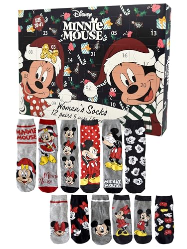 United Labels Calendario de Adviento Disney Minnie Mouse con 12 pares de calcetines para mujer, tallas 35-41, calendario con zapatillas y calcetines largos, calendario de Navidad regalo