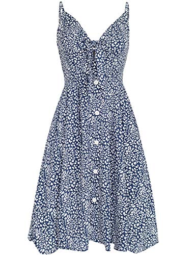 Image of FANCYINN Womens Tie Front Button Down A-Line Dresses Summer Spaghetti Strap Midi Dress Floral Prints