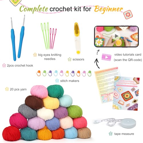 Katech Crochet Kit for Beginners, 50 Pattern Granny Square Crochet Kits for Adults Beginner Learn to Crochets w/Video Tuturials, Knitting Kit w/1378yds Yarn for Crocheting Blanket or Shawl by Katech - Image 8