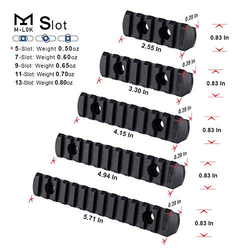 Aecktech M-Lok Polymer Picatinny Rail Sections, 5-Slot 7-Slot 9-Slot 11-Slot 13-Slot Lightweight Rail Section for M-LOK Compatible Systems with 10 T-Nuts 10 Screws|1 Pcs Wrench. 5 Pieces (Black)