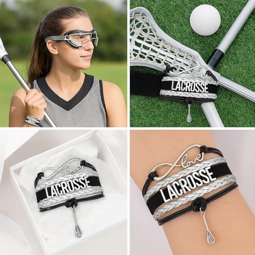Image of SportyBella Lacrosse Bracelets For Girls - Adjustable Charm Bracelet w /Infinity Symbol & Silver Lacrosse Stick Charm. Friendship Bracelet Gifts for Players, Teams & Coaches
