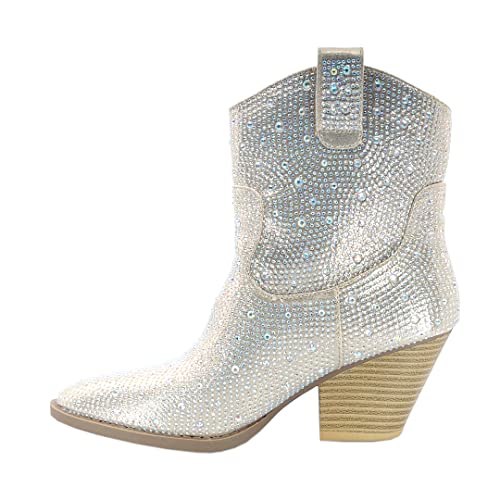 Image of ABSOLEX Women Western Cowgirl Cowboy Pointed Toe Rhinestone Ankle Booties