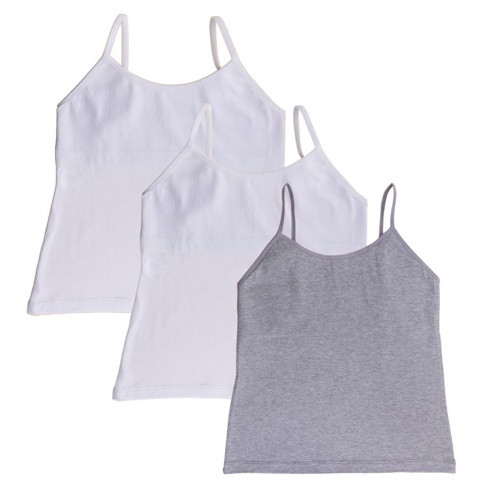 ADIRA | Padded Cotton Camisole | Beginners Cami for Puberty | Flat Padding for Nipple Coverage | Confidence for School & Home | Stretchy Cotton | Girls Slip | Pack of 3 | White & Grey | L