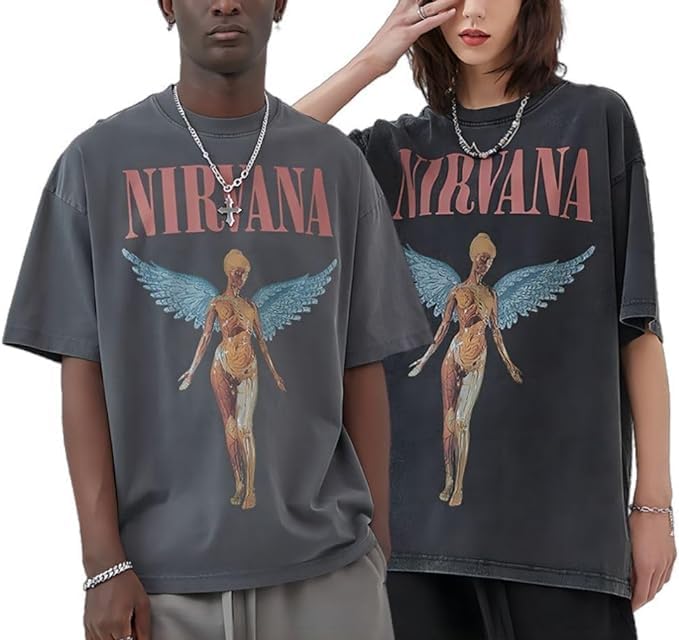 [WHJYCOS] ニルヴァーナ Tシャツ カジュアル ロック 2023年 ディース メンズ スウェットシャツ 軽い かっこいい 柔らかい 記念シャツ プリント 初秋 半袖 可愛い 寝着 日常服 個性的 丸首 100％綿 (グレー,L)