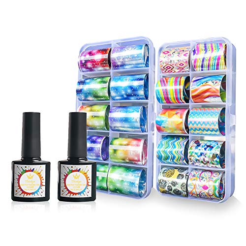 Thinkga 20 Rolls Starry Sky Nail Foil Adhesive Transfer Sticker Tips, Nail Art Stickers Tips Wraps Foil Transfer Adhesive Glitters Acrylic DIY Decoration Kit
