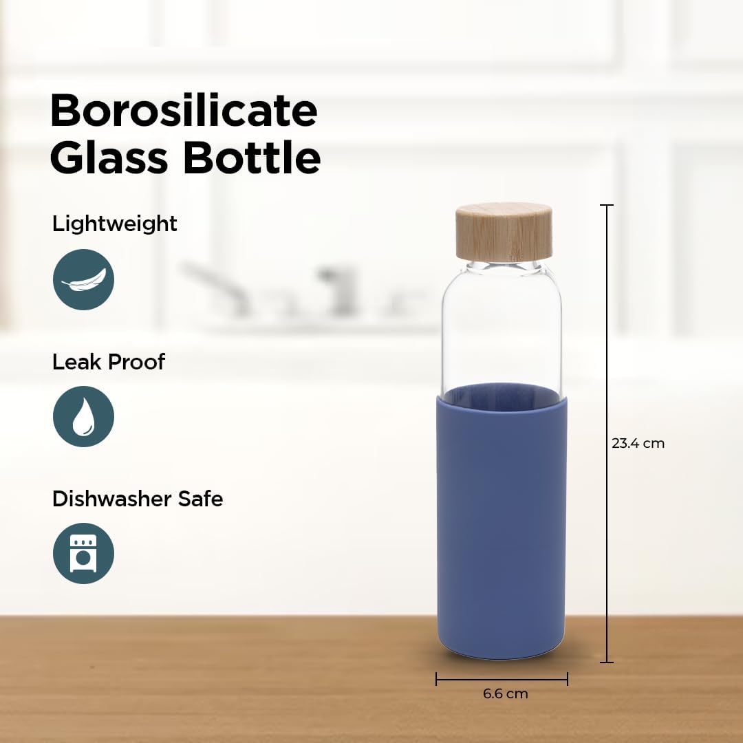 Kuber Industries Trinkflasche | Glasflasche | Ärmelschutzflasche | Bambusdeckel Wasserflasche | Reise Runde Flasche | 550ml | 6er Set | Blau