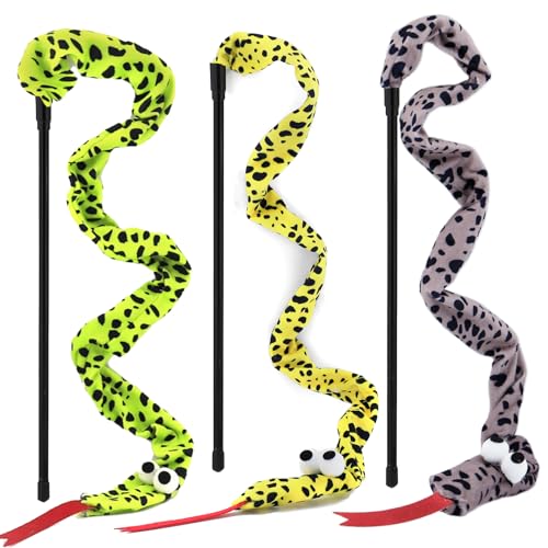 URMYONLY Interactive Cat Toy Wand with Catnip Mouse Cat Teaser Wand Rainbow String for Bored Indoor Adult Cats and Kittens (3 Pack Snake)
