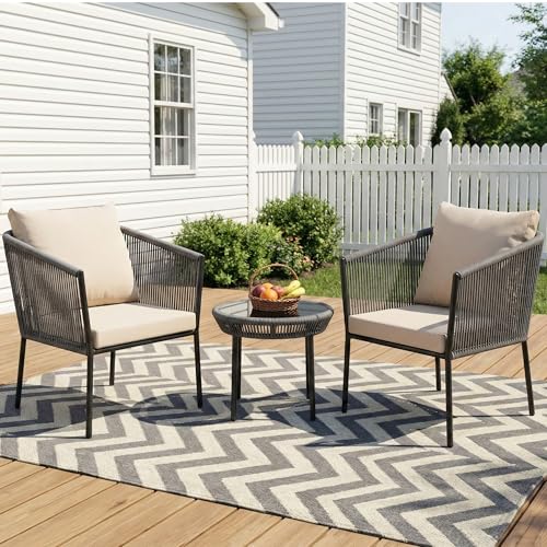 Image of OUTLIVING Braid & Rope 2 Seater Garden Patio Seating Chair and Table Set Outdoor Balcony Garden Coffee Table Set Furniture with 1 Table and 2 Chairs Set with Cushion (Grey)