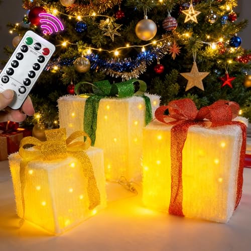 Set Of 3 Light Up Present Boxes,Christmas Boxes For Presents,Christmas Decorations Indoor,50 Led Lamp Beads,Remote Control With Timer