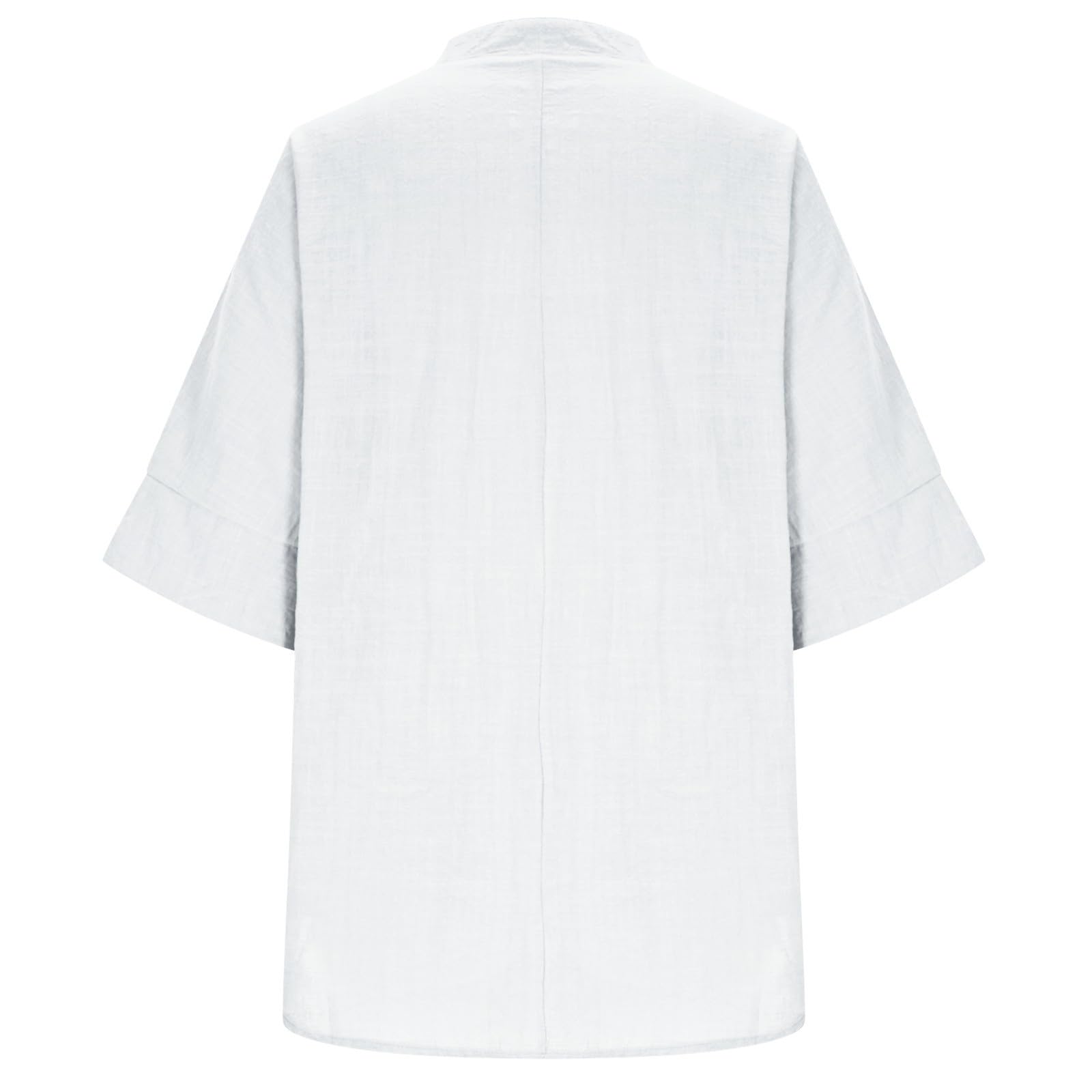 Chemise Femme Coton Et Lin Chemises Lin Manches 3/4 Col V Boutonné Top Henley Chemise Couleur Uni Lâche Respirant T-Shirts Tunique Femmes Chic Et Elegant Léger Blouse Grande Taille