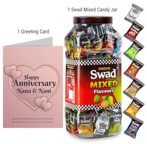 Image of Swad Happy Anniversary Nana & Nani Gift with Card (Swad Mixed Flavours Candy 200 Jar & 1 Greeting card) 2 units
