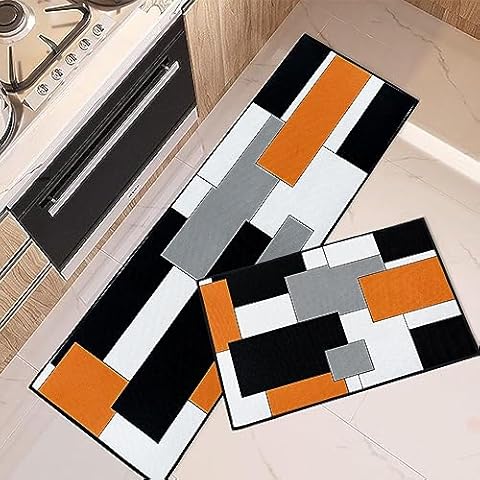Tayney Orange Geometric Kitchen Rugs and Mats Non Skid Washable Set of 2, Checked Black Grey Kitchen Mats for Floor, Rustic Minimalist Kitchen Runner Rug, Modern Abstract Kitchen Decor Cover