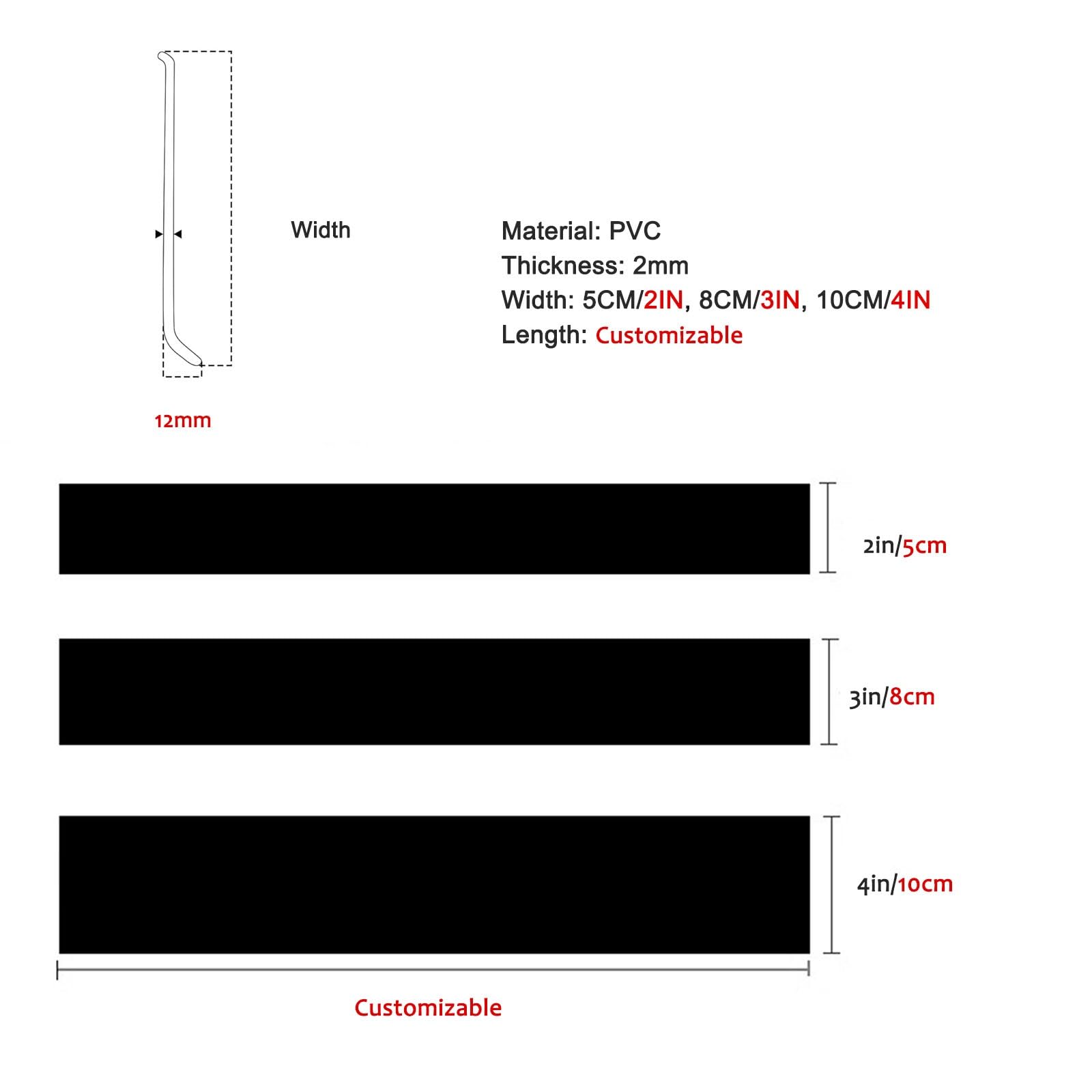 Rodapié flexible de PVC negro de 178 cm, autoadhesivo, flexible, para cocina, oficina, repelente al polvo y la suciedad, de 3 pulgadas de ancho, ideal para longitudes de 40 a 100 pulgadas.