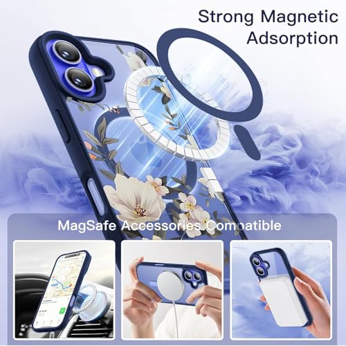 Image of VONZEE Compatible with iPhone 16 Case Luxury Retro Flowers Floral Clear for Magnetic Wireless Charging Case Shockproof Case PC+TPU Cute Glossy Shiny Cover for Girls Women, 6.1'' Navy Blue