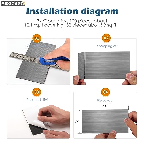 Yipscazo 2024 New Upgrade Peel and Stick backsplash 3 x 6 Inches 3D PVC Composite Wall Tile Stick on Backsplash Tile for Kitchen Bathroom, Laundry Room, Fireplace(Metal Composite, 2 Pieces)