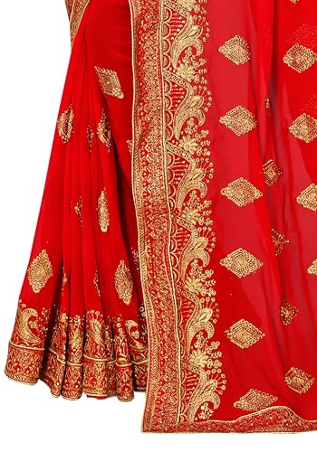 Image of B BELLA CREATION Women's Maroon Georgette Saree with Heavy Golden Embroidery Work & Unstitched Blouse Piece