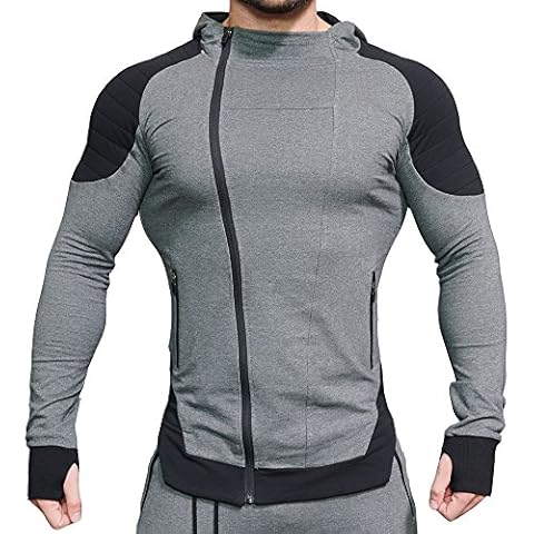Men's Fitness Workout Long Sleeve Hoodie Active Muscle Bodybuilding Zip Jackets With Zipperd Pockets - Grey Cover