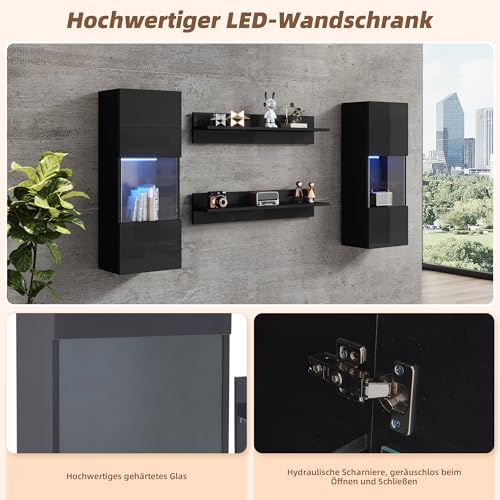 Merax Wohnwand 4-Teilig Set, Wohnwand Komplett-Set in Schwarz Hochglanz, LED-Wandschrank und 2 Regale, Vitrinen aus gehärtetem Glas, Moderne Anbauwand Schrankwand mit viel Stauraum für Ihr Wohnzimmer – Bild 6