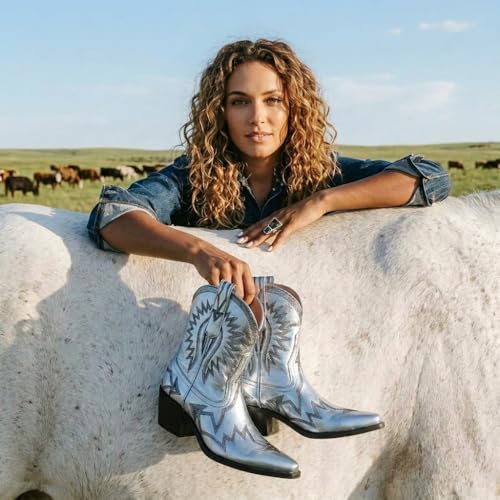 Image of HOCHFART Western Boots for Women Metallic Embroidered Pointed Toe Cowgirl Boots Chunky Heel Pull-On Short Cowboy Boots Wide Calf Country Ankle Boots
