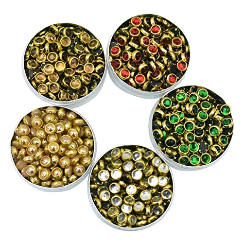 Image of Embroiderymaterial Combo DIY Kit Of Flat Kundan Stone Beads, Grinded Shisha Mirror, Tweezers & Fabric Glue For Craft, Jewellery Making, Embroidery, Bangles Making, Embellishment, Multicolor