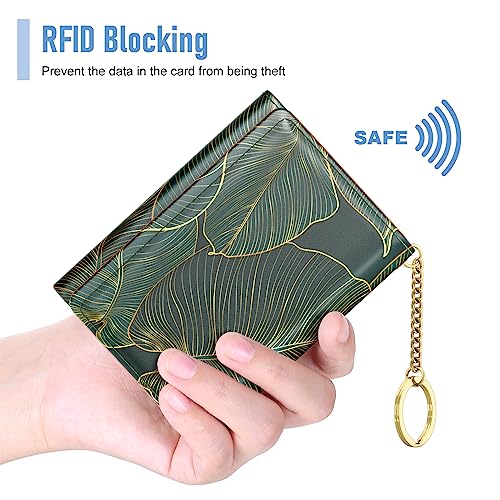 Image of Rouidr Womens Wallet, Small Slim RFID Card Wallets for Women, Cute Front Pocket Trifold Leather Card Organizer with 7 Slots & ID Window, Tropical Leaf