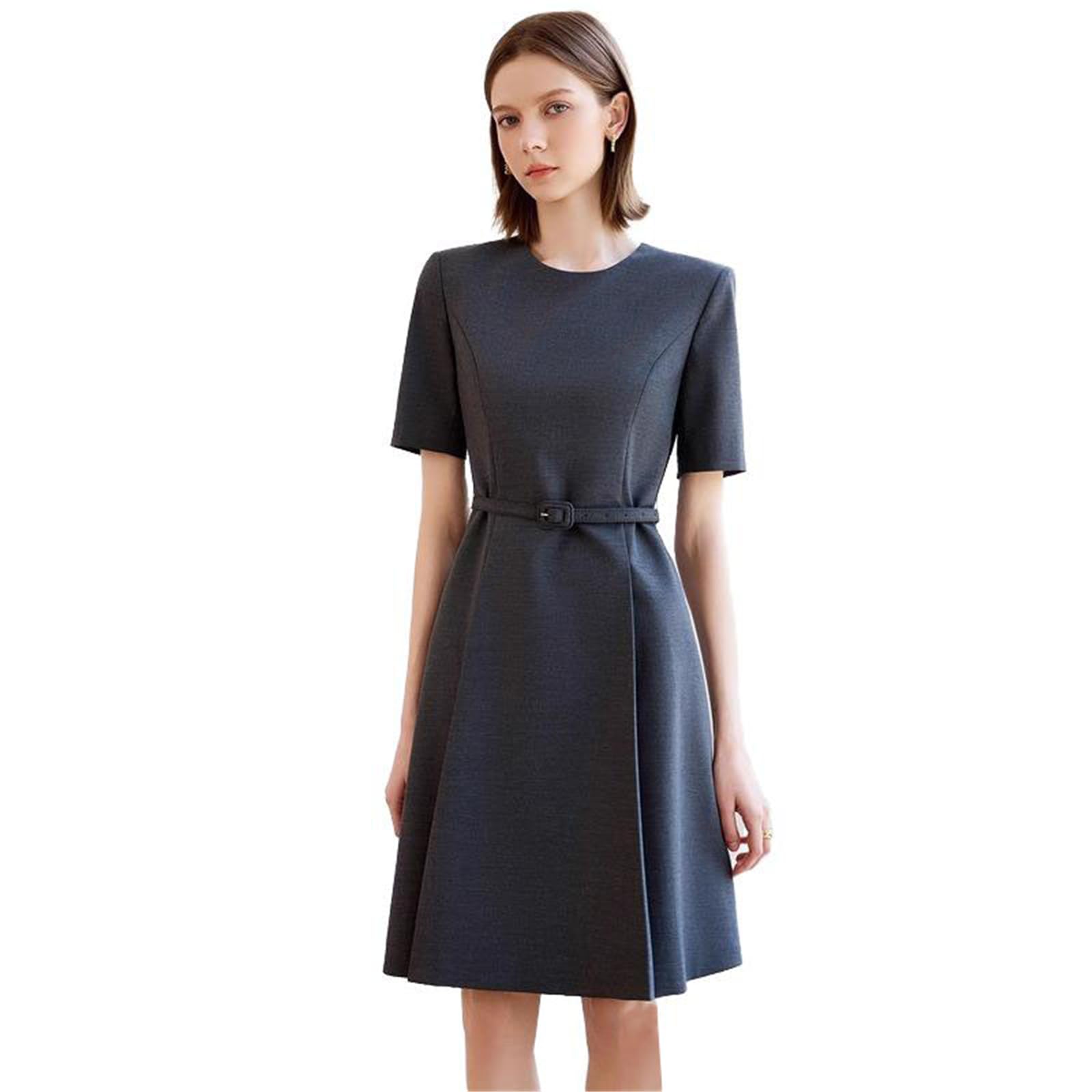 CHONG FENG XIA Womens Dress Round Neck Office Style Spring Summer Gray Professional Work Uniform Dresses for Women